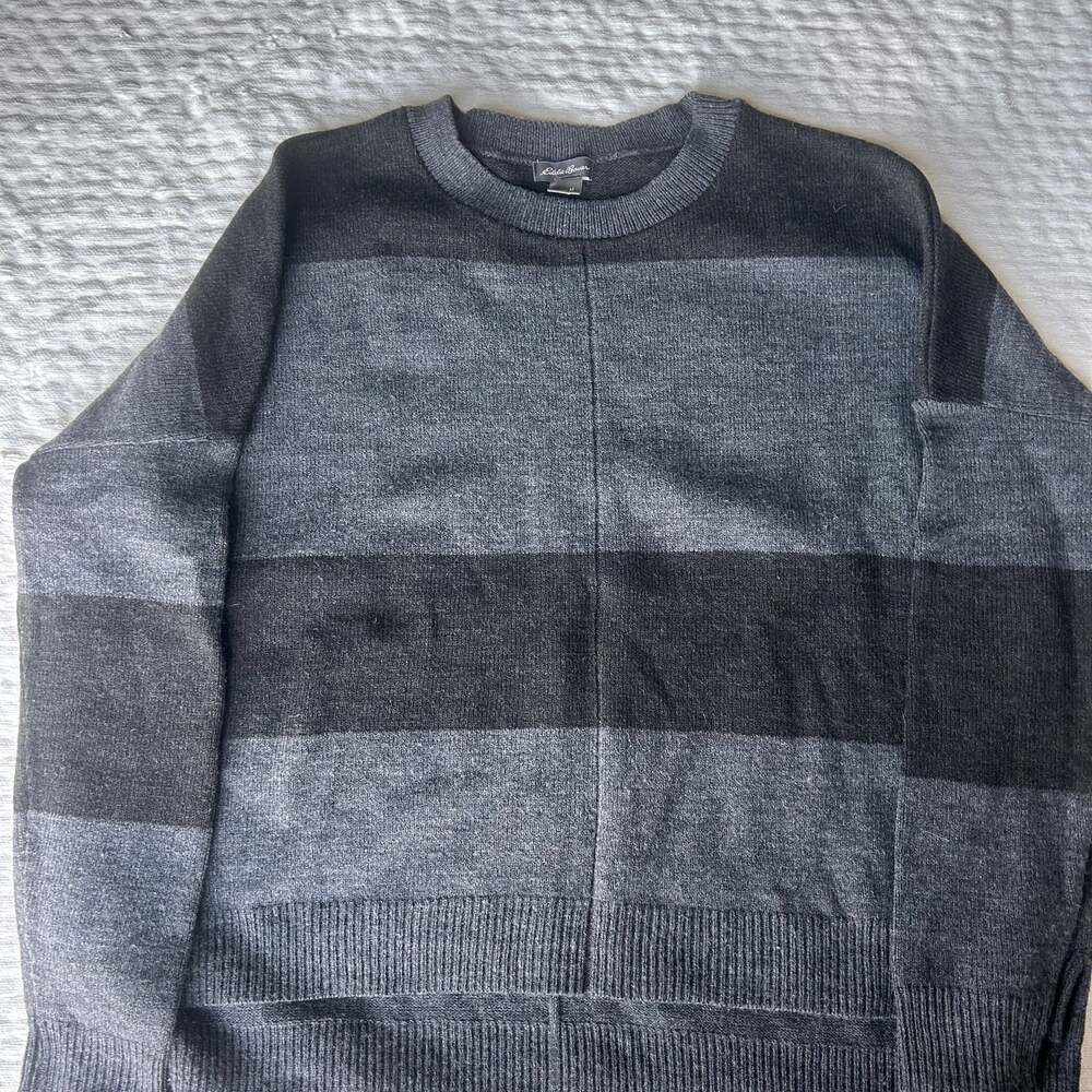 Eddie Bauer Women's Gray and Black Striped Crewneck Pullover Sweater